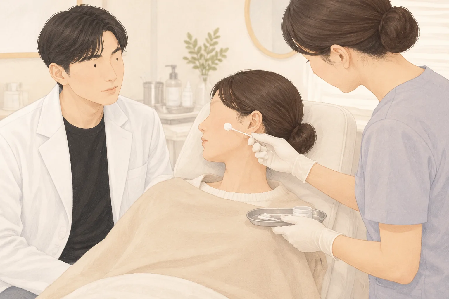 A patient lies down as a nurse applies ointment to the patient's cheek with a cotton swab, with a doctor nearby