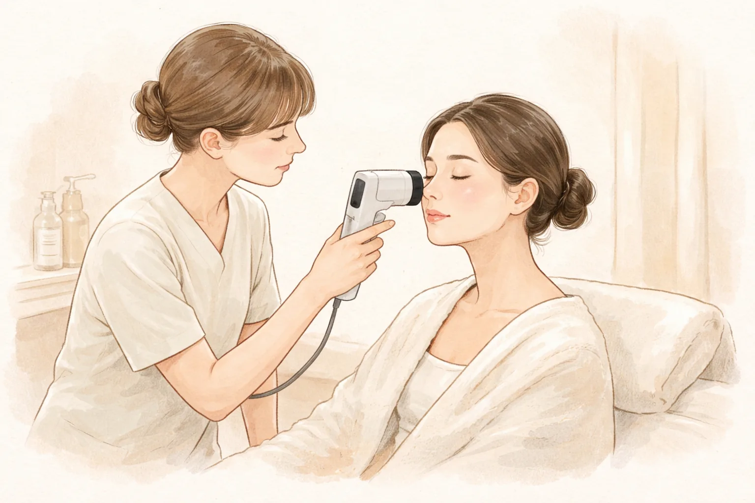 Clinician holding a skin analysis camera close to a patient's cheek