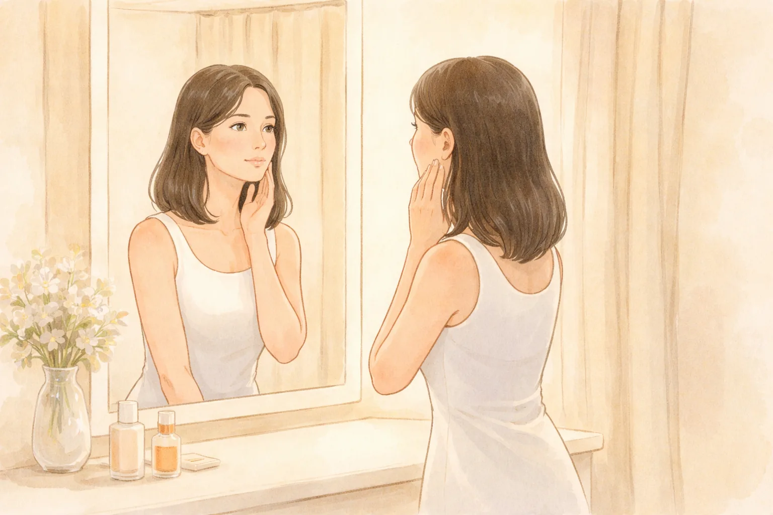 穿白洋裝的女性在明亮更衣室照鏡子,手放在下巴線旁