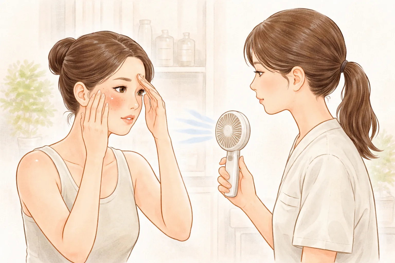 患者が額を触っており、医療スタッフがミニ扇風機を持っている
