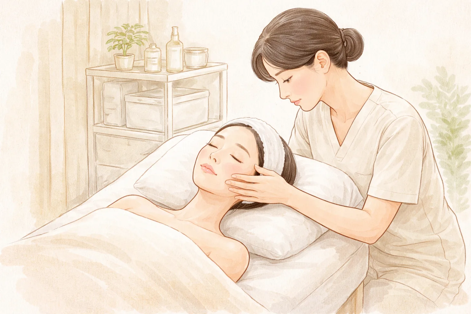 Woman wearing a headband lying on a treatment bed while a clinician gently touches her face