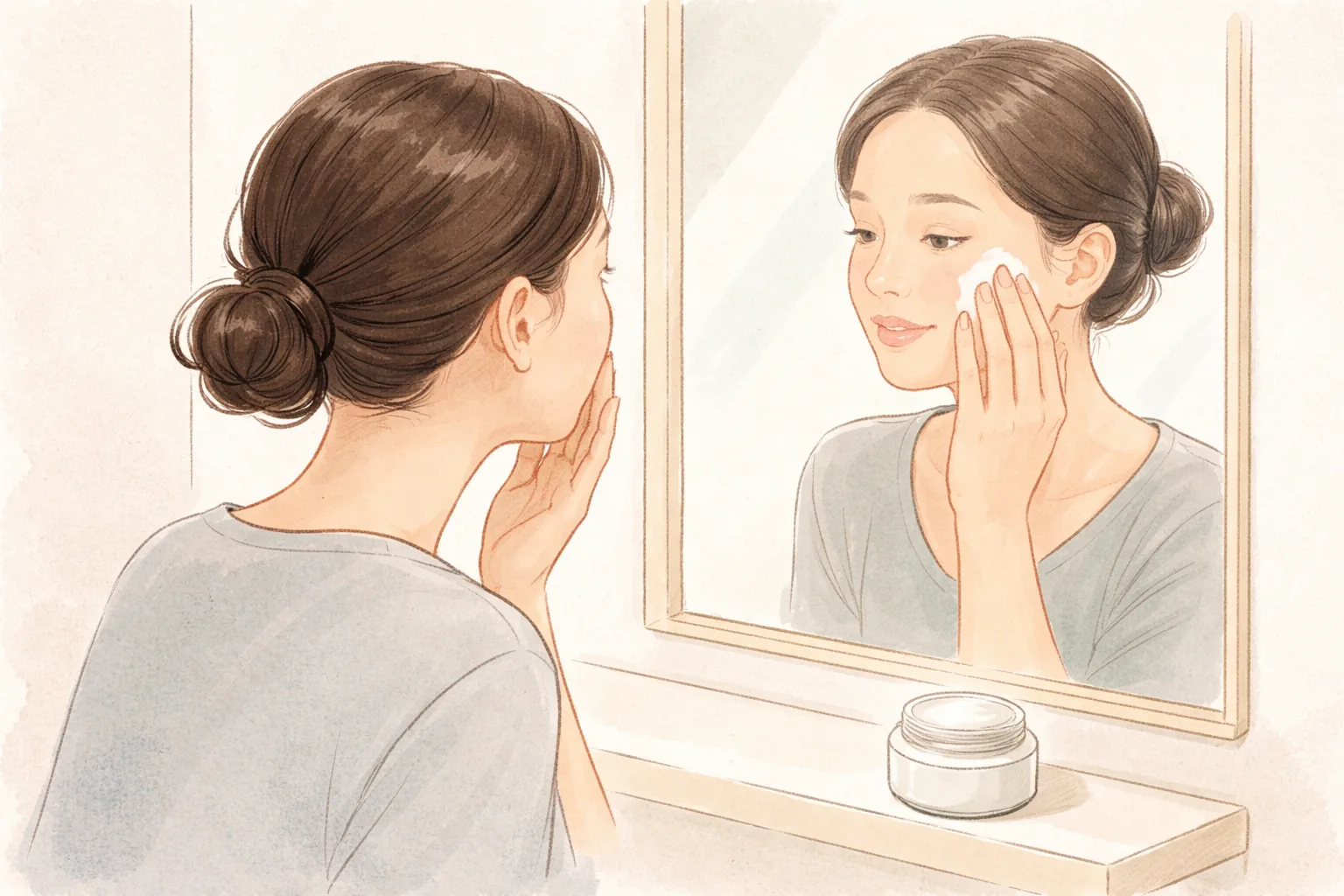 鏡の前で顔に保湿剤を塗る女性