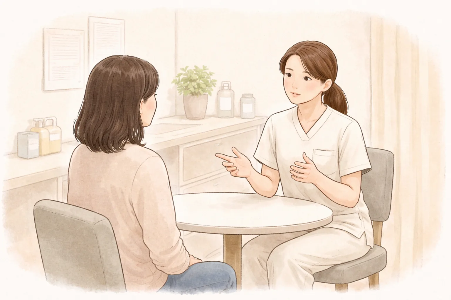 醫護人員與患者在諮詢室圓桌相對交談
