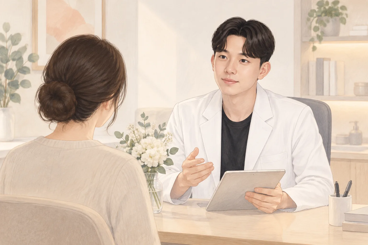 꽃병이 놓인 상담실에서 태블릿을 들고 설명하는 남성 원장과 앞에 앉아 있는 여성 환자