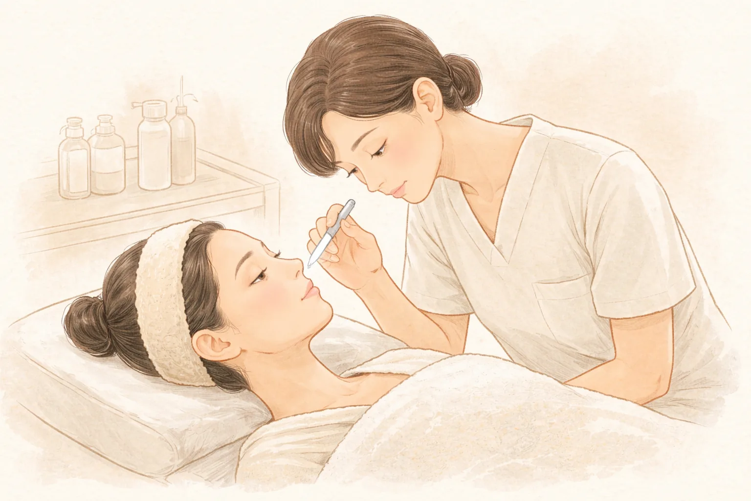 患者躺臥,醫療人員以小筆燈檢查其眼下
