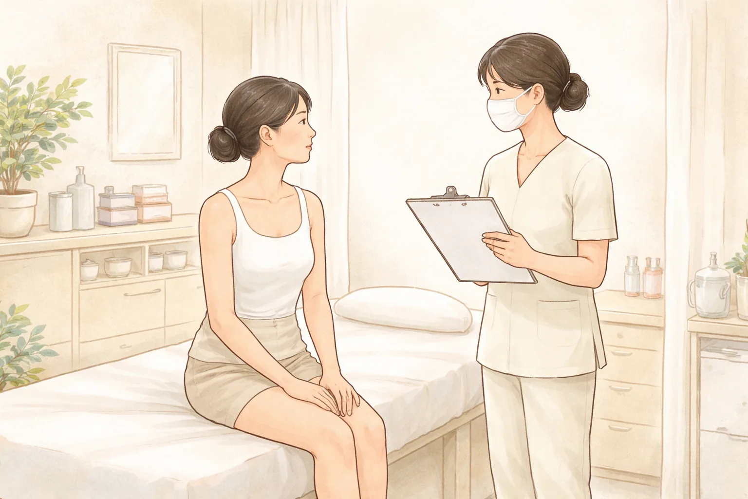 施術ベッドに座る女性とクリップボードを持つマスク姿のスタッフ
