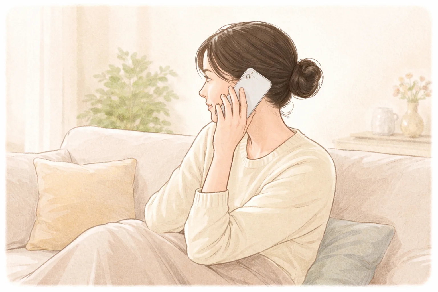 ソファに座ってスマートフォンを持ち、横を見る女性