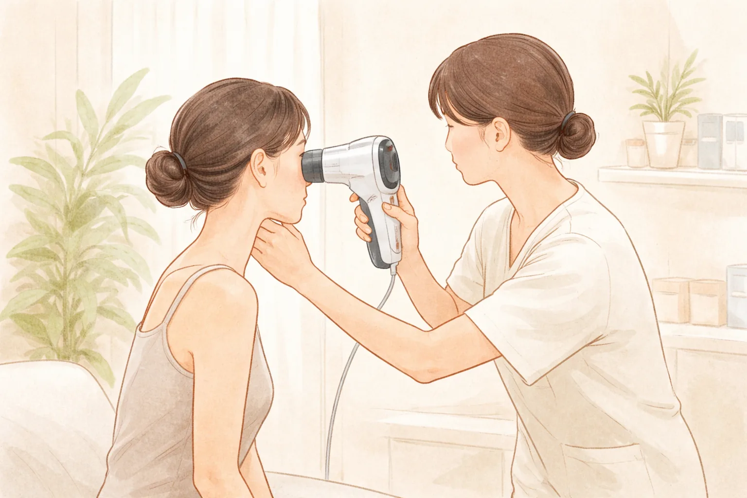 Clinician holding a skin analysis camera close to a woman's cheek