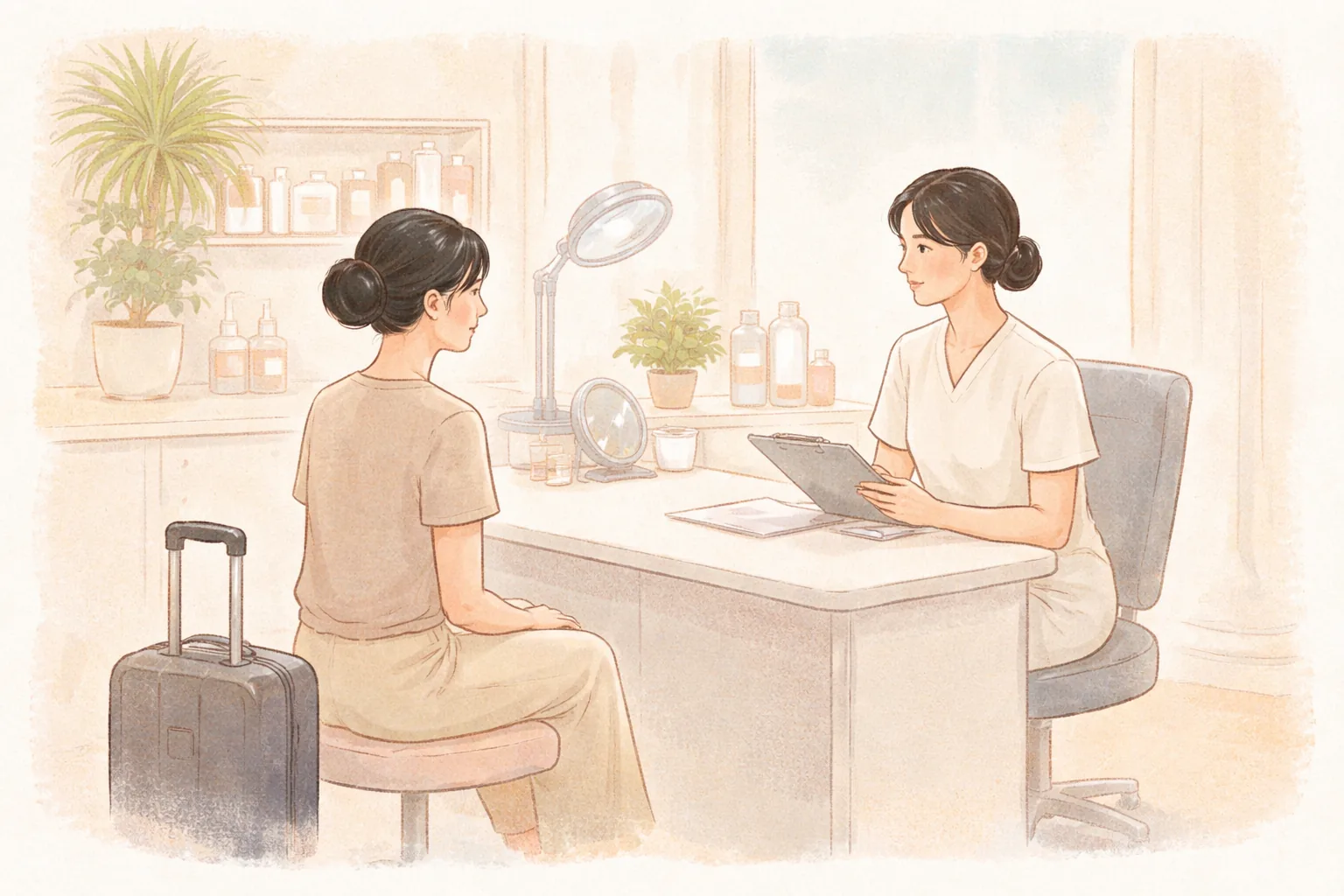 Dos mujeres conversando con una maleta de viaje al lado en una mesa de consulta con cosméticos