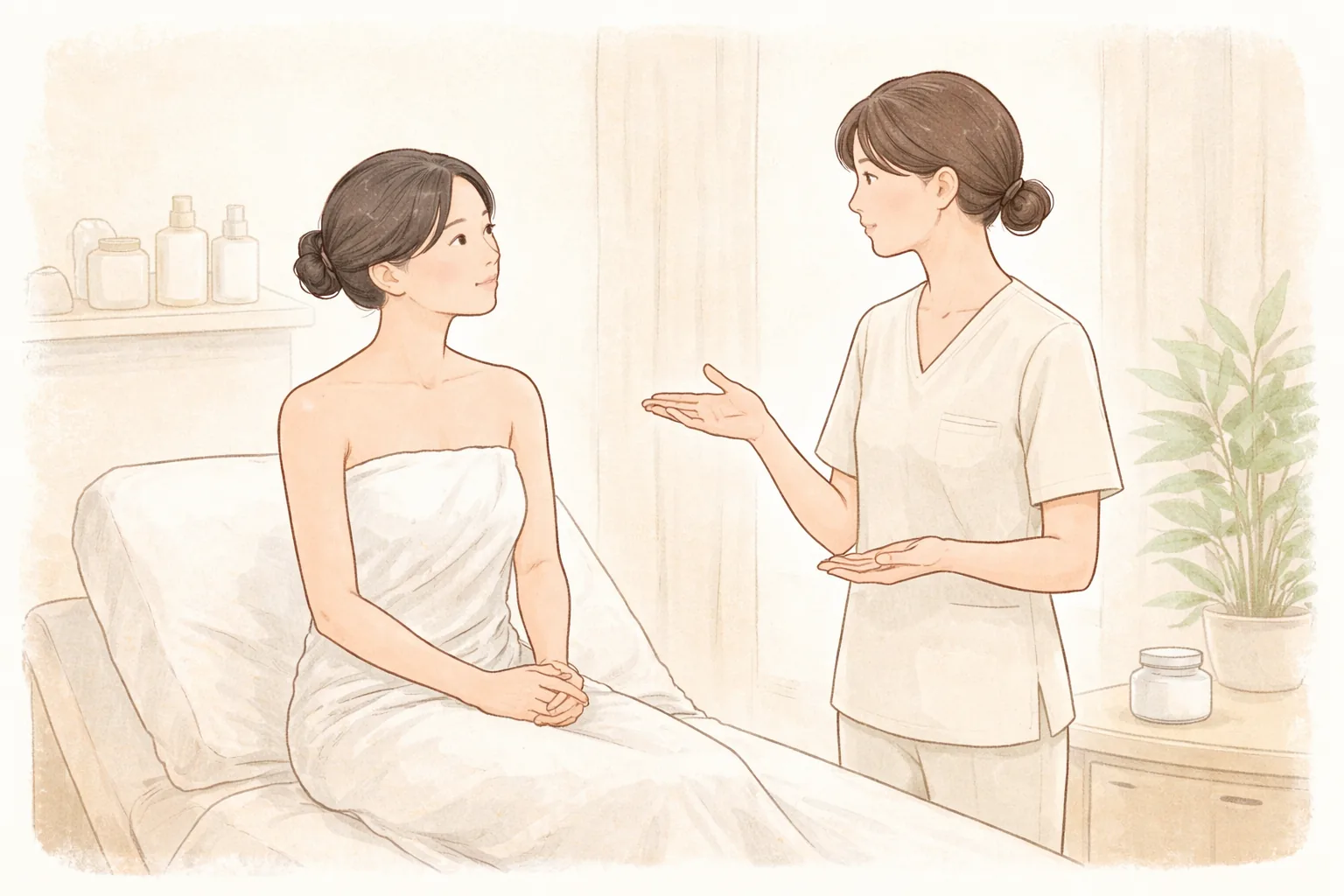 Woman with a towel wrapped lying down while a staff member in scrubs explains