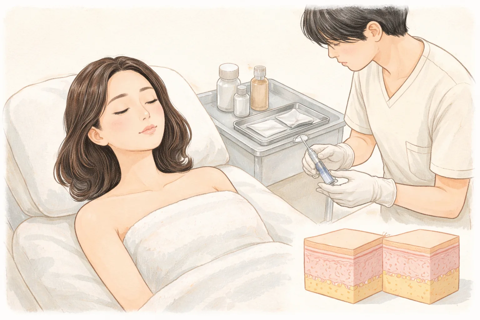 Woman lying on a bed while gloved clinician beside her prepares a syringe