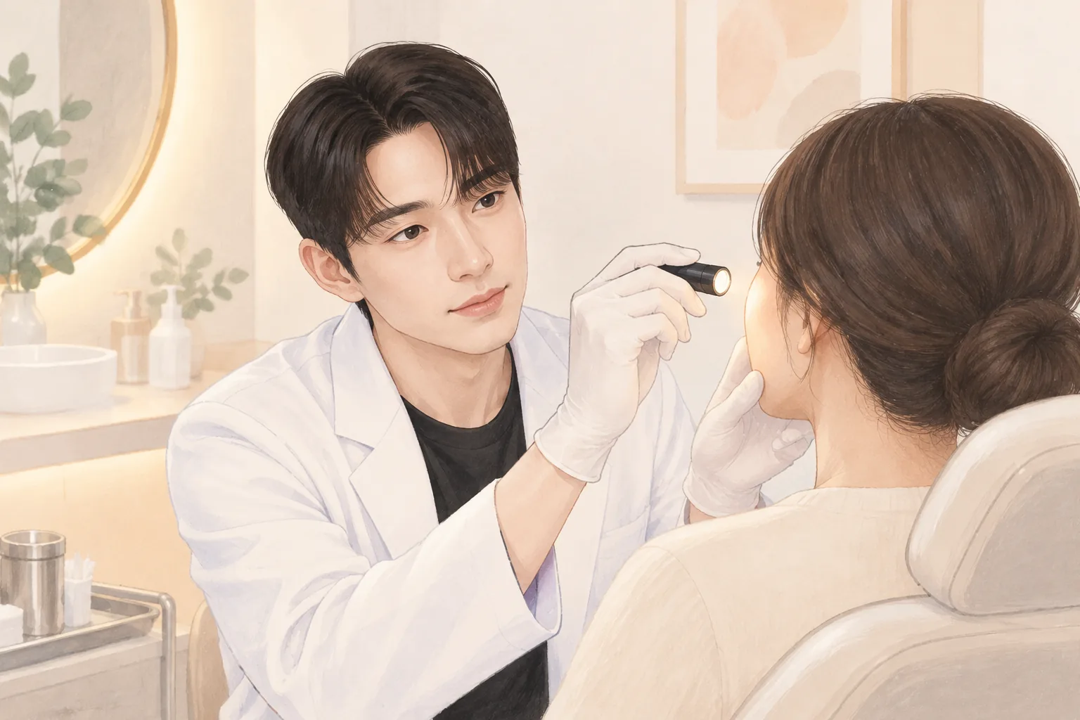 Man in a white coat examining a female patient's face with a handheld light