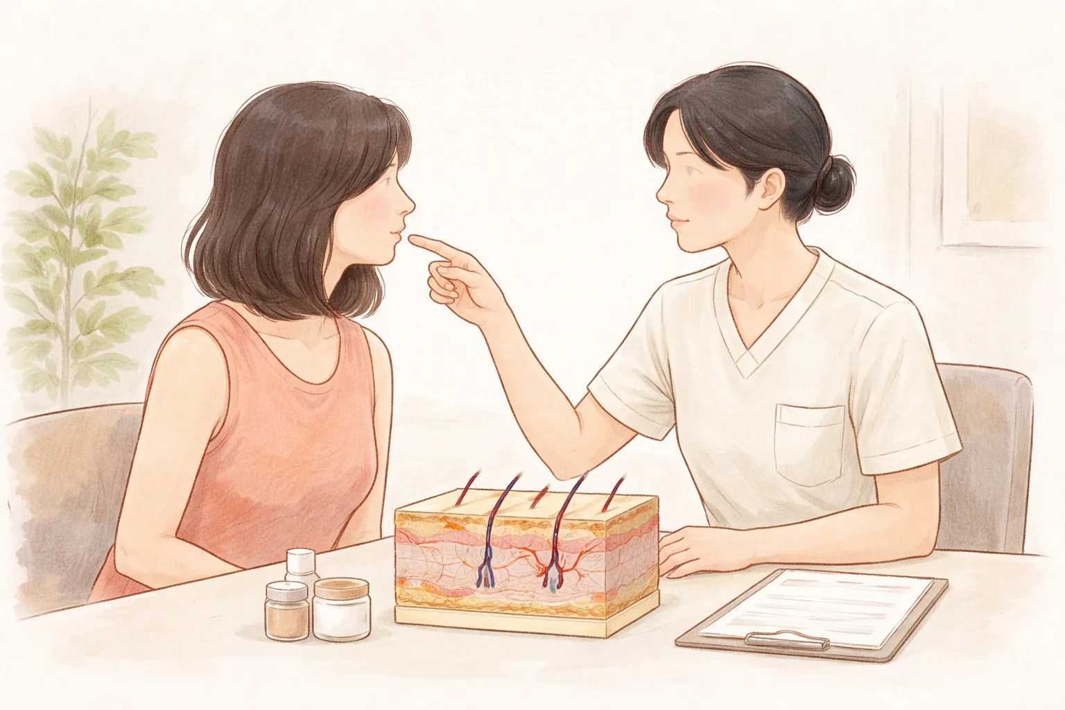 Male doctor and female patient consulting beside a skin cross-section model
