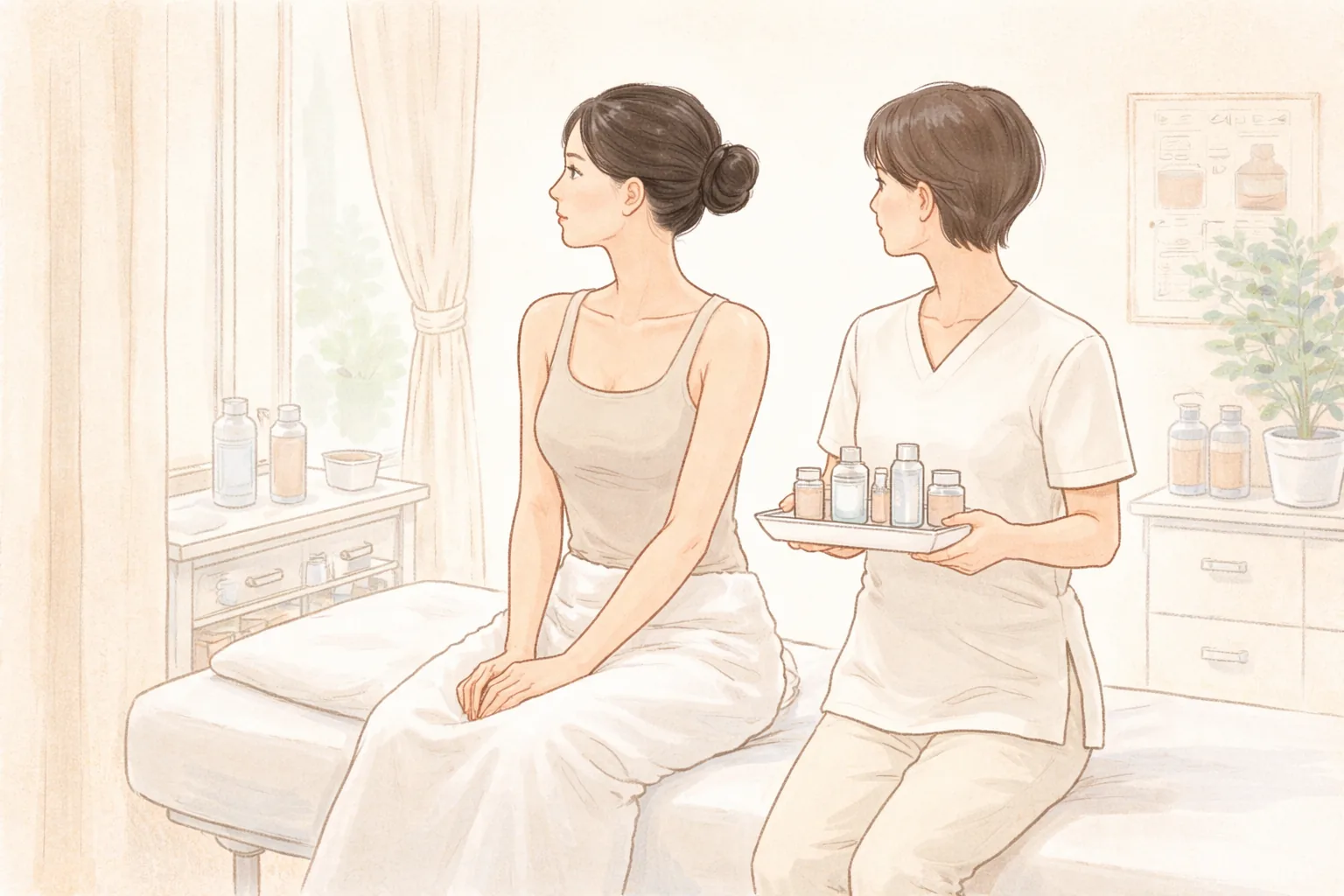 시술대에 앉아 있는 여성과 관리 용품 트레이를 든 의료진이 마주보고 있음