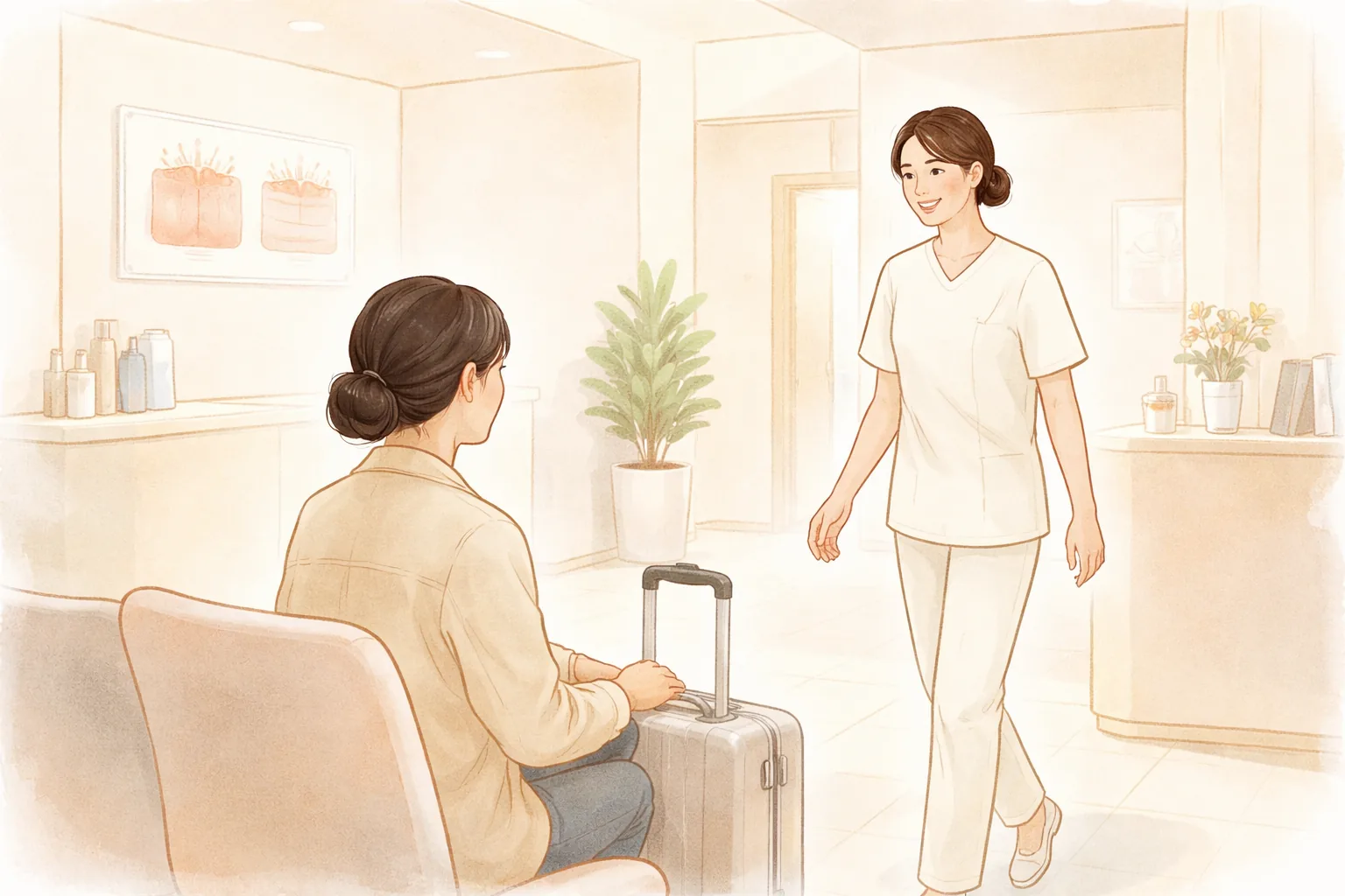 Woman sitting on a chair beside a suitcase as a nurse approaches from the doorway