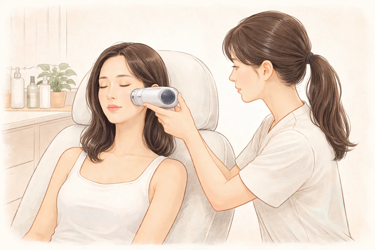 한 사람이 앉아 눈을 감고 있고, 다른 사람이 손에 든 피부 분석 카메라를 얼굴 가까이에 대고 있음