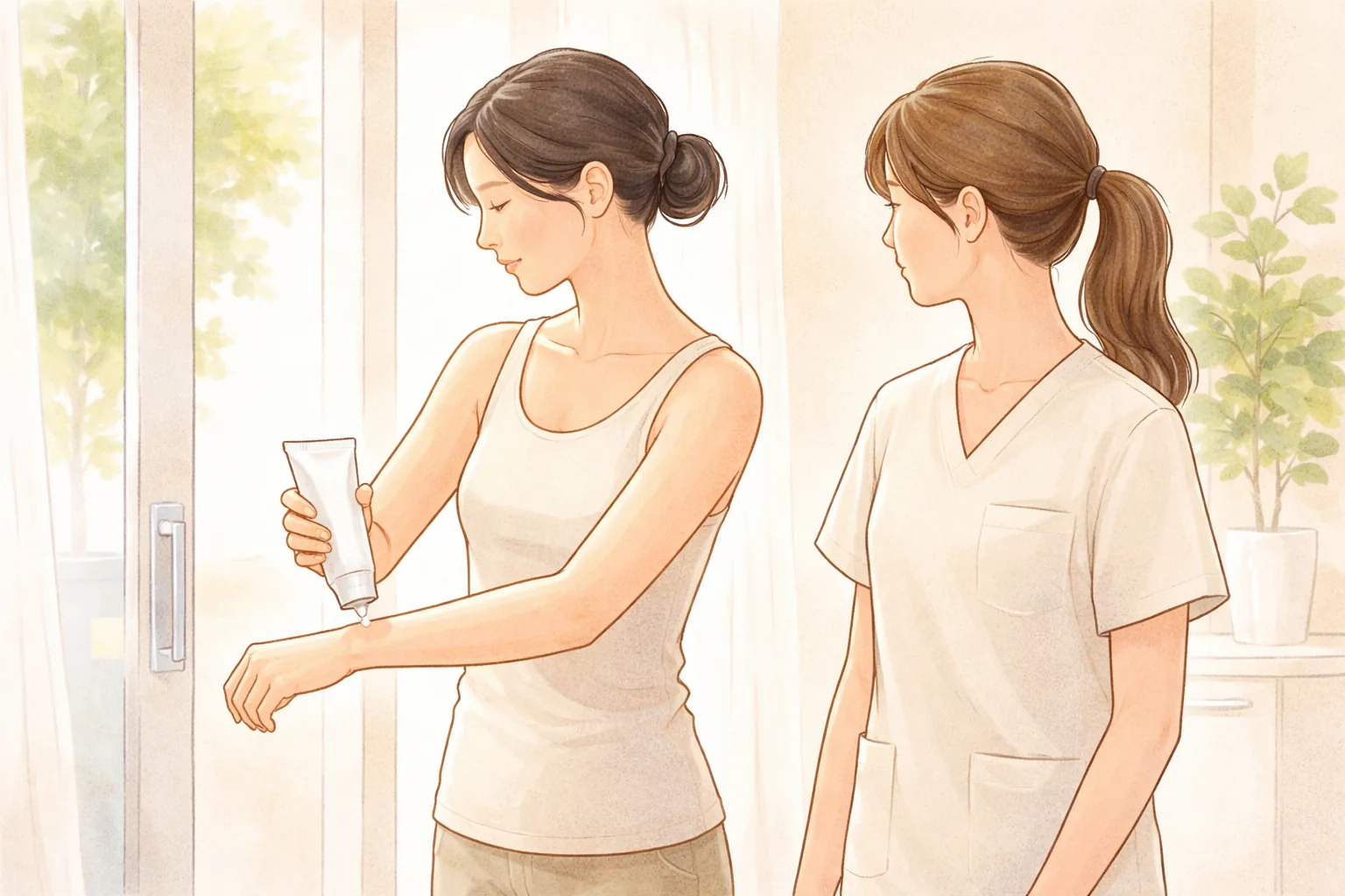 한 여성이 팔에 크림을 바르고 있고 다른 여성은 그 옆에서 바라보고 있음