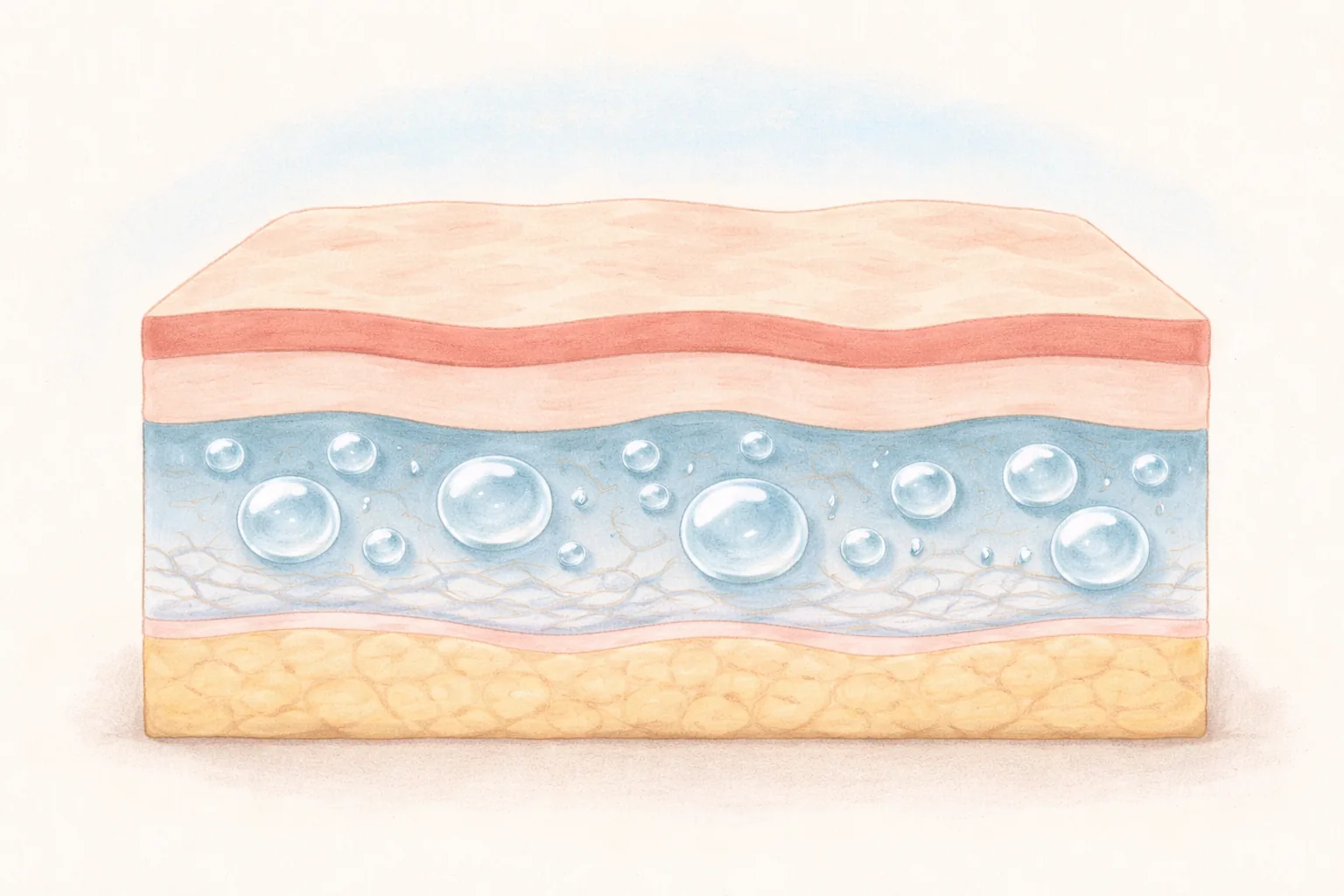 Cross-section of skin showing layers and gel droplets in the dermis