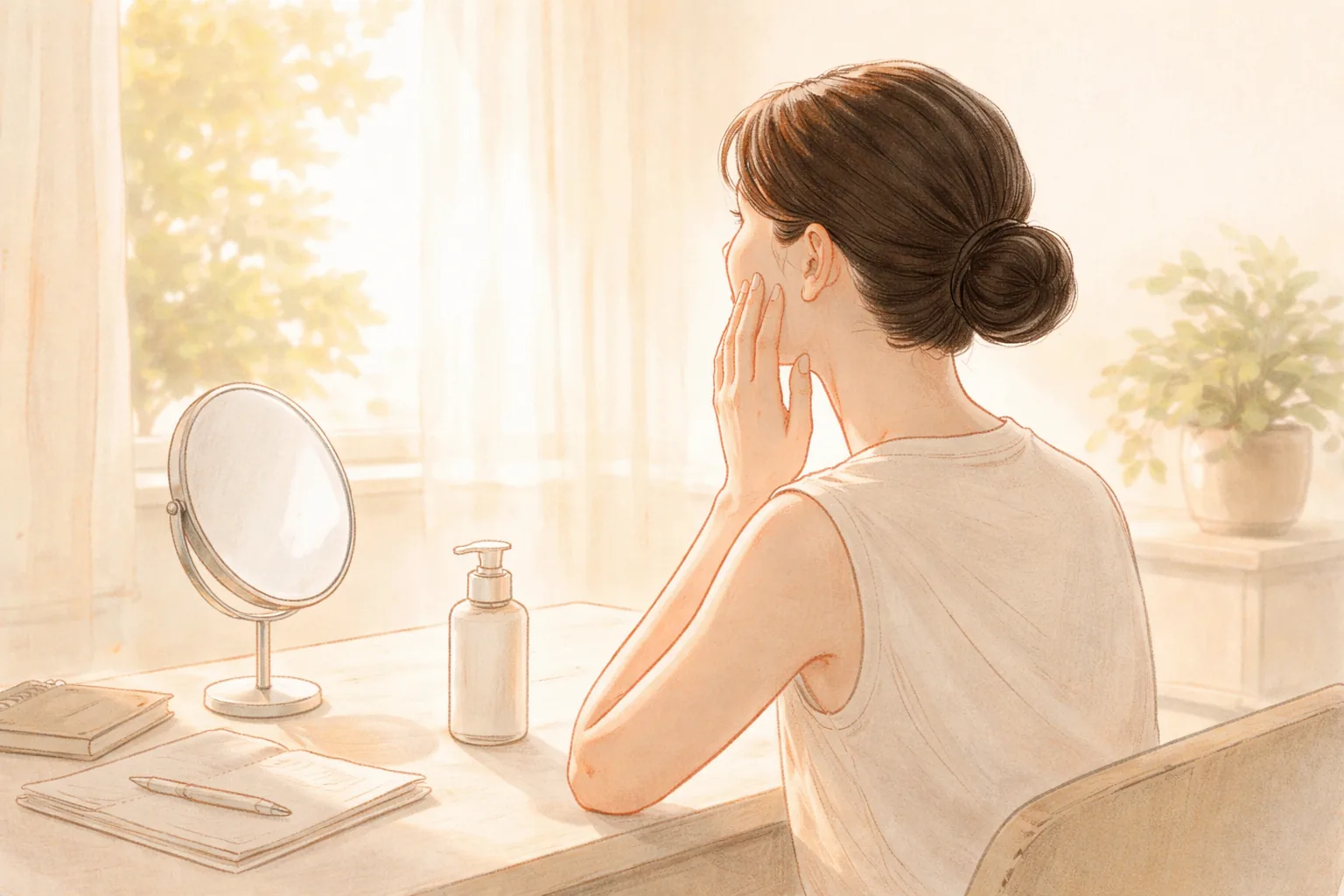 Woman sitting at a desk looking in a mirror and touching her cheek
