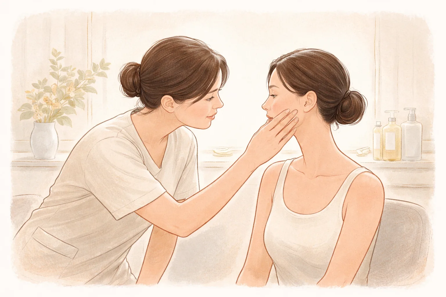 医療スタッフが女性の頬の肌をやさしく確認している様子