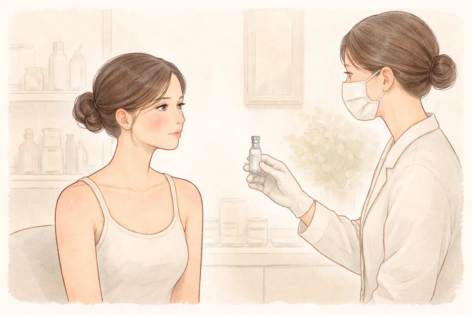 볼이 약간 붉은 여성과 마스크를 쓴 의료진이 약병을 보여주는 장면