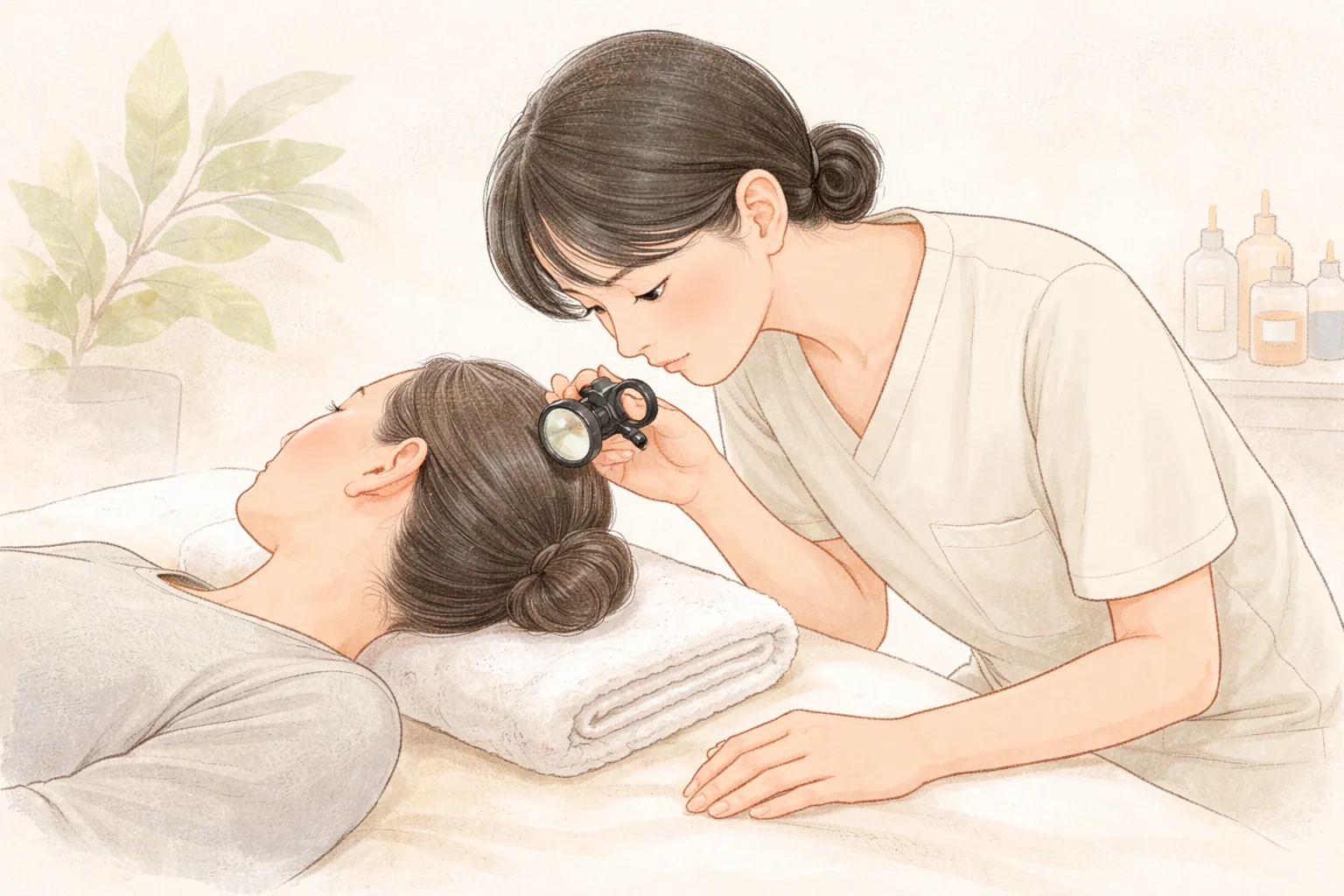 의료진이 환자의 붉어진 볼을 돋보기로 살피고 있음
