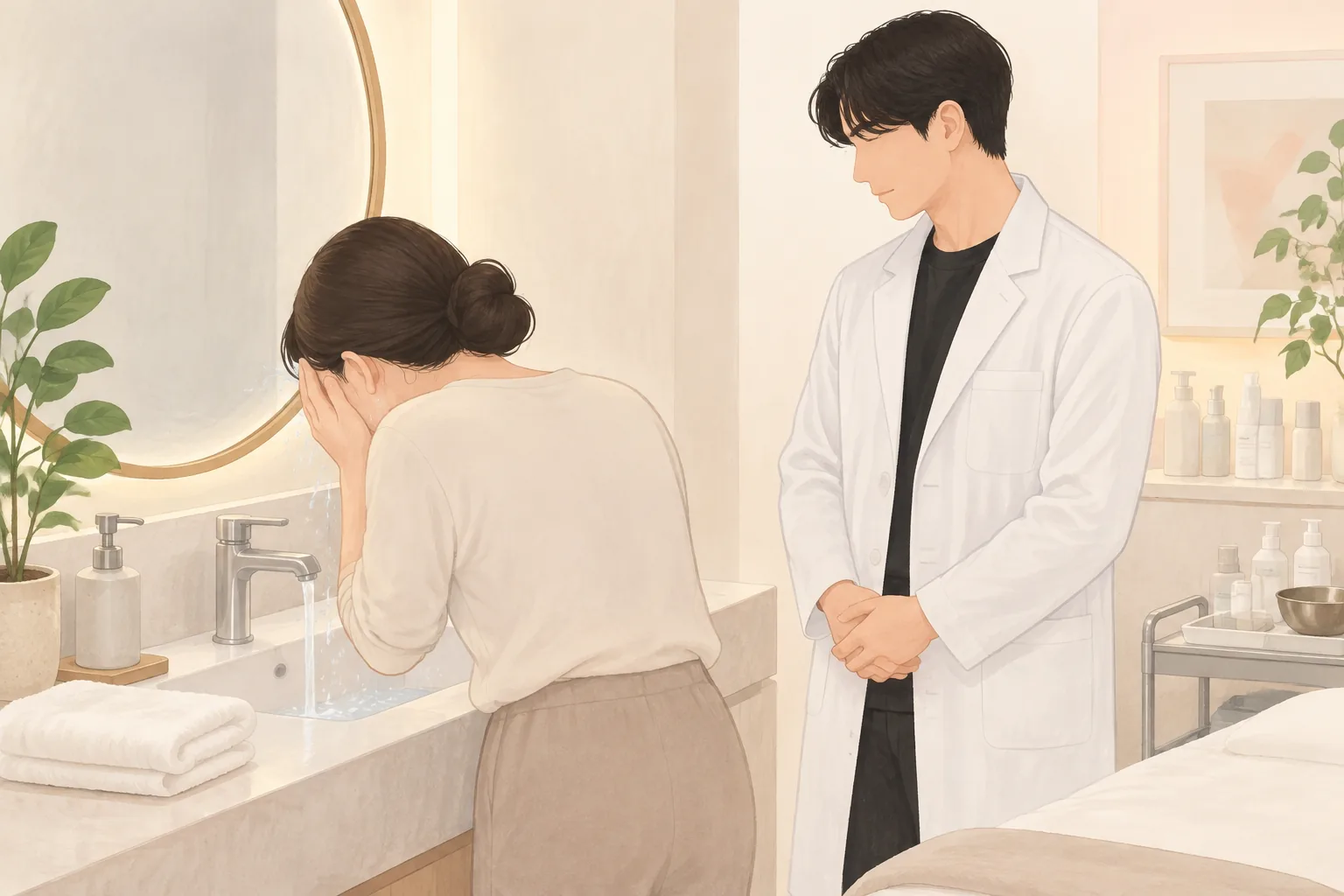 세면대 앞에서 얼굴을 씻는 여성과 옆에서 지켜보는 의사