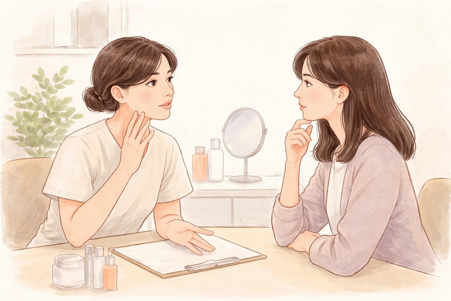 상담실에서 의료진이 턱선을 가리키며 여성에게 설명하는 모습