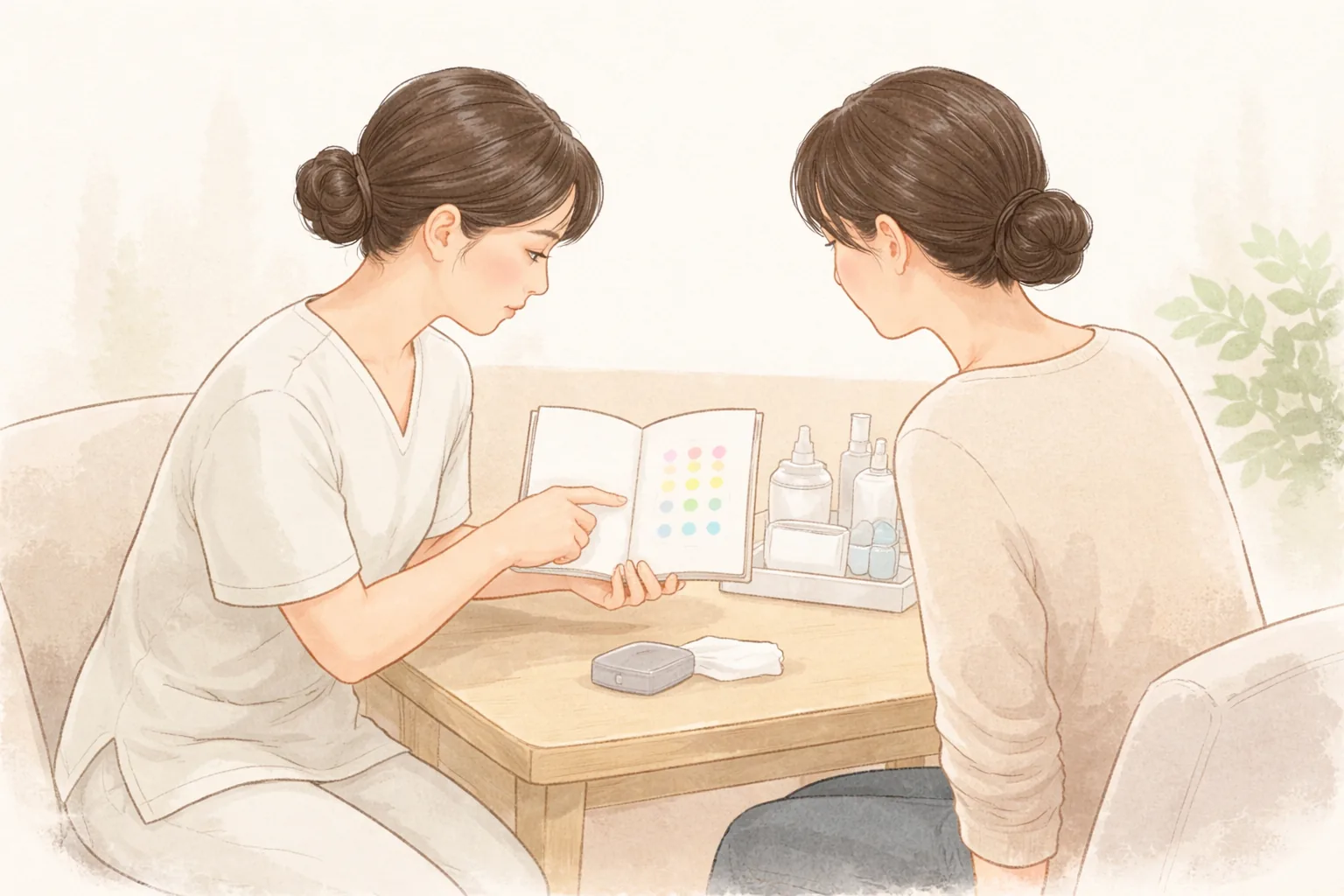 小さなノートを一緒に見ながら話す医療従事者と女性2人がテーブルに座っている