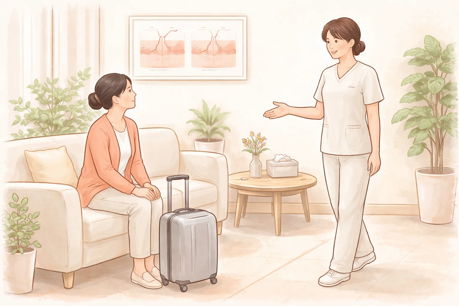 A woman waiting with a suitcase beside her as a standing clinician talks with her