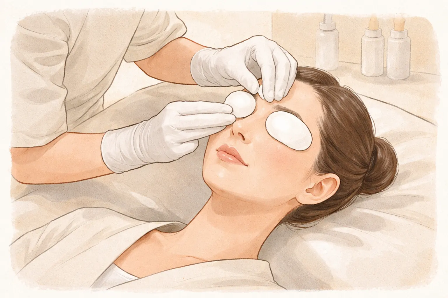 Manos con guantes colocando un protector sobre el rostro de una mujer recostada con los ojos cerrados