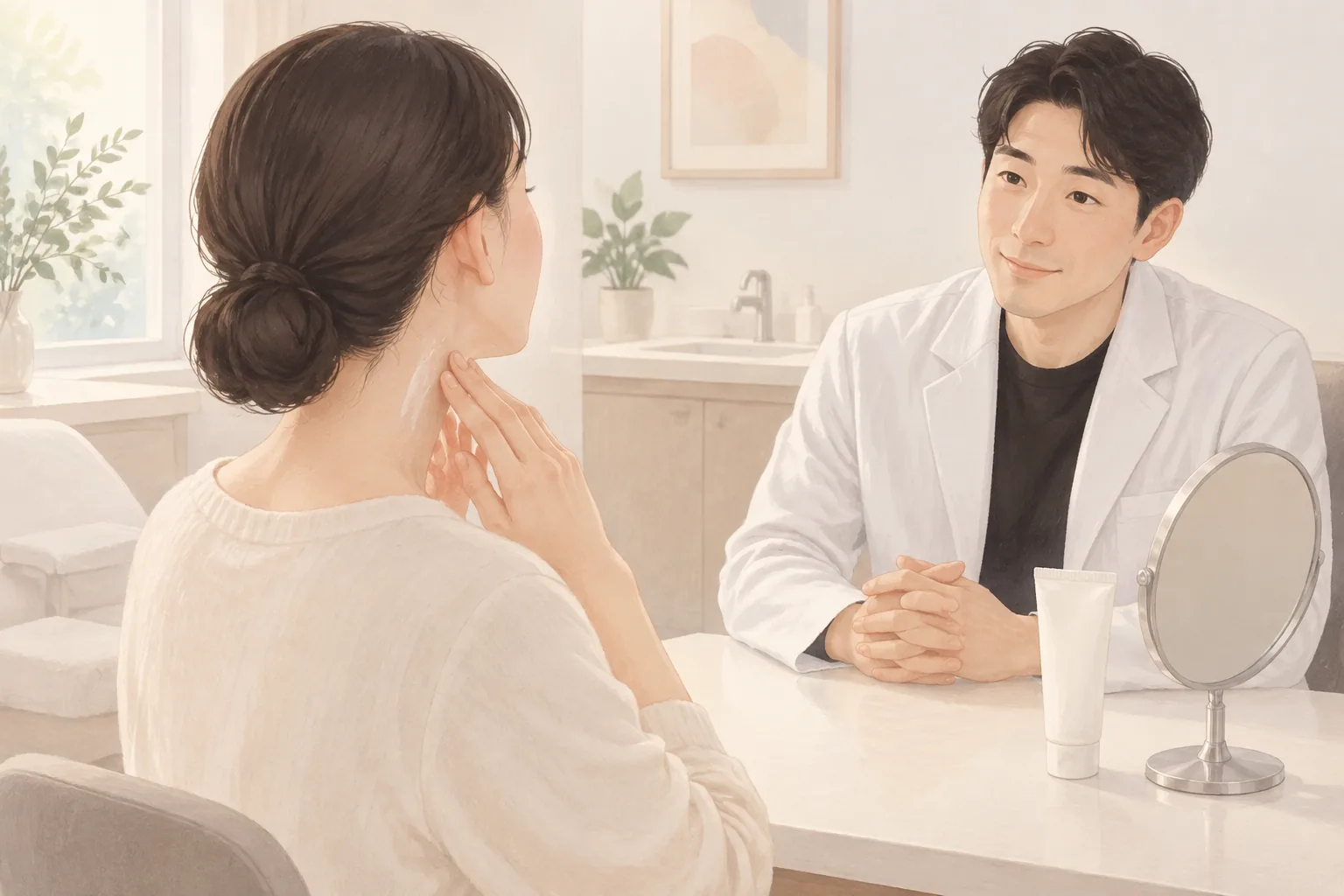 امرأة تضع مرطبًا على رقبتها بأطراف أصابعها ورجل يراقبها