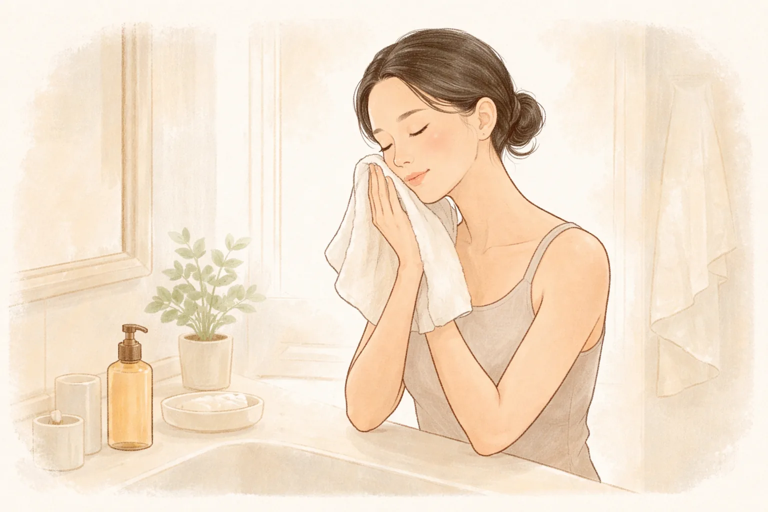Woman gently pressing her cheek with a towel in front of a vanity in the morning