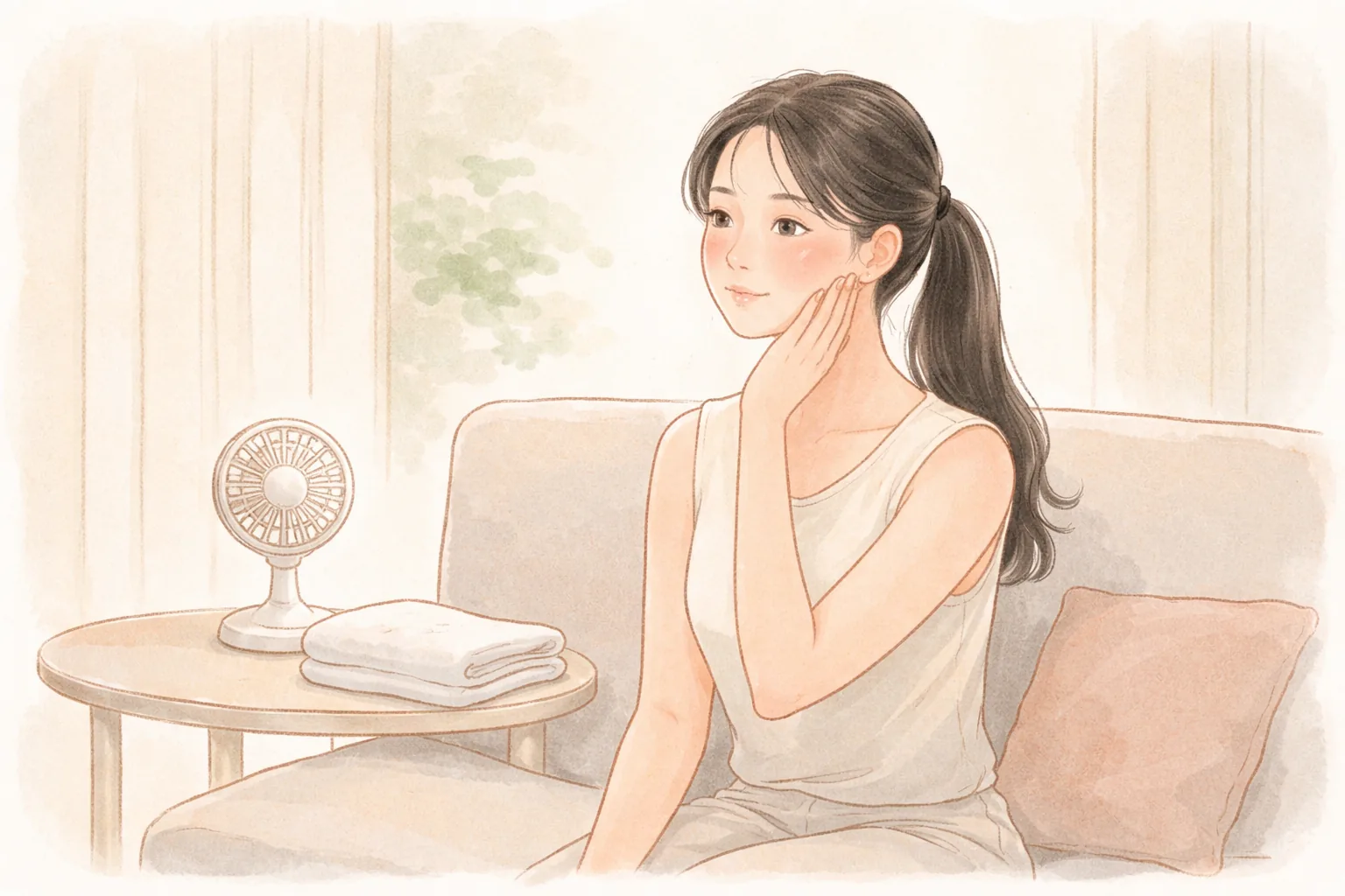 女性坐在沙發上摸著臉頰,桌上有電風扇與毛巾