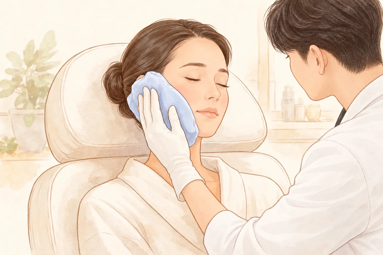 Medical staff holding a gel pack to the patient's cheek while the patient sits with eyes closed