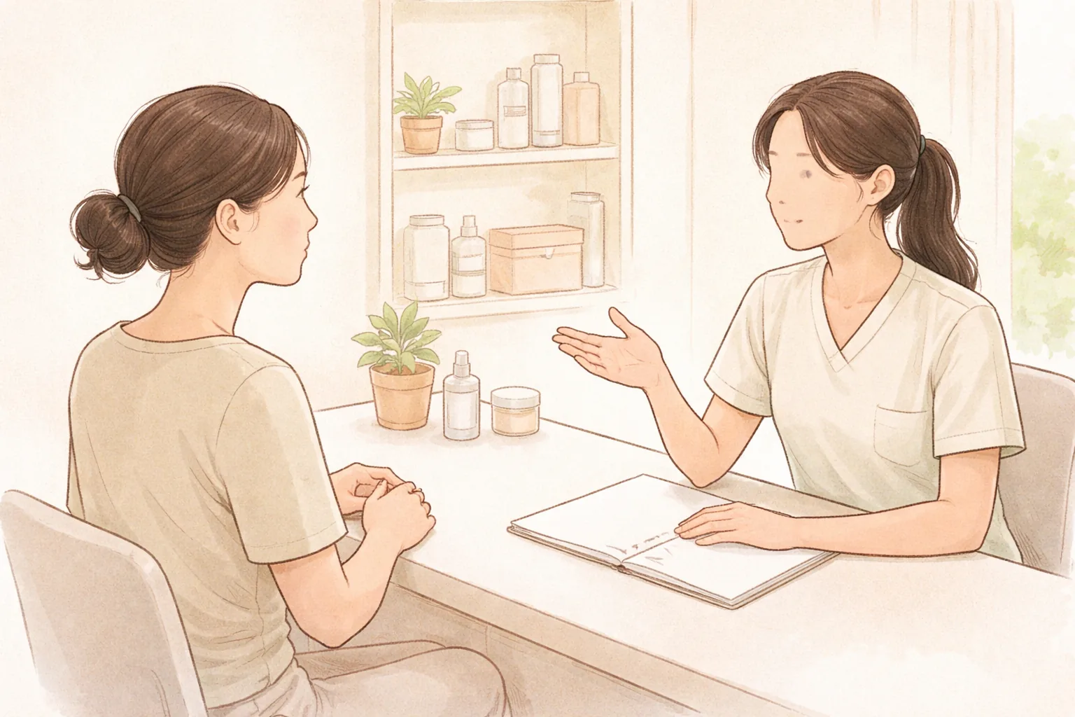 상담실에서 마주 앉아 이야기하는 두 여성, 한 명은 의료진으로 보임