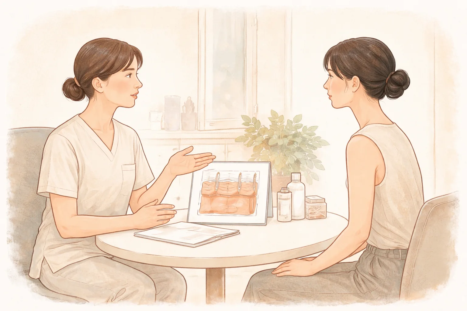 상담실에서 마주 앉아 피부 구조 그림을 보며 대화하는 의료진과 여성