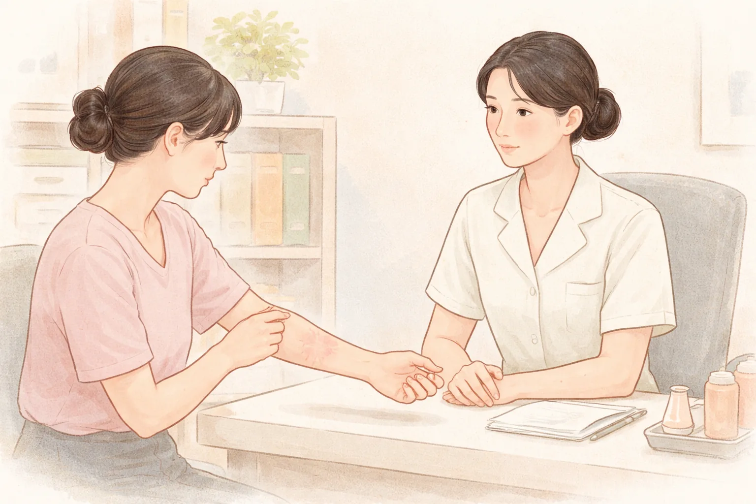 兩人指著手臂內側交談,一人是患者、一人是醫療人員