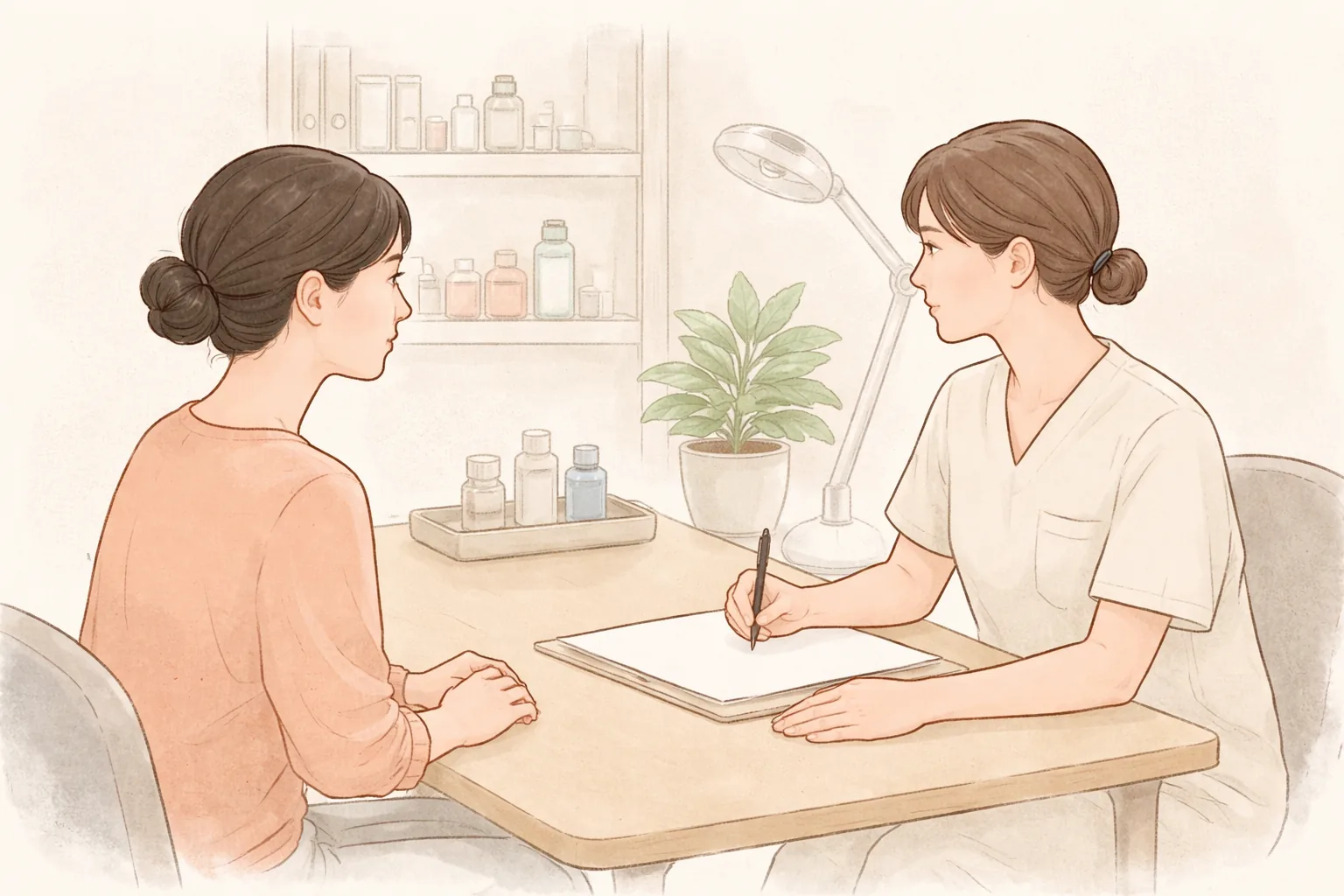 Dos personas sentadas frente a frente en una mesa de consulta tomando notas y conversando