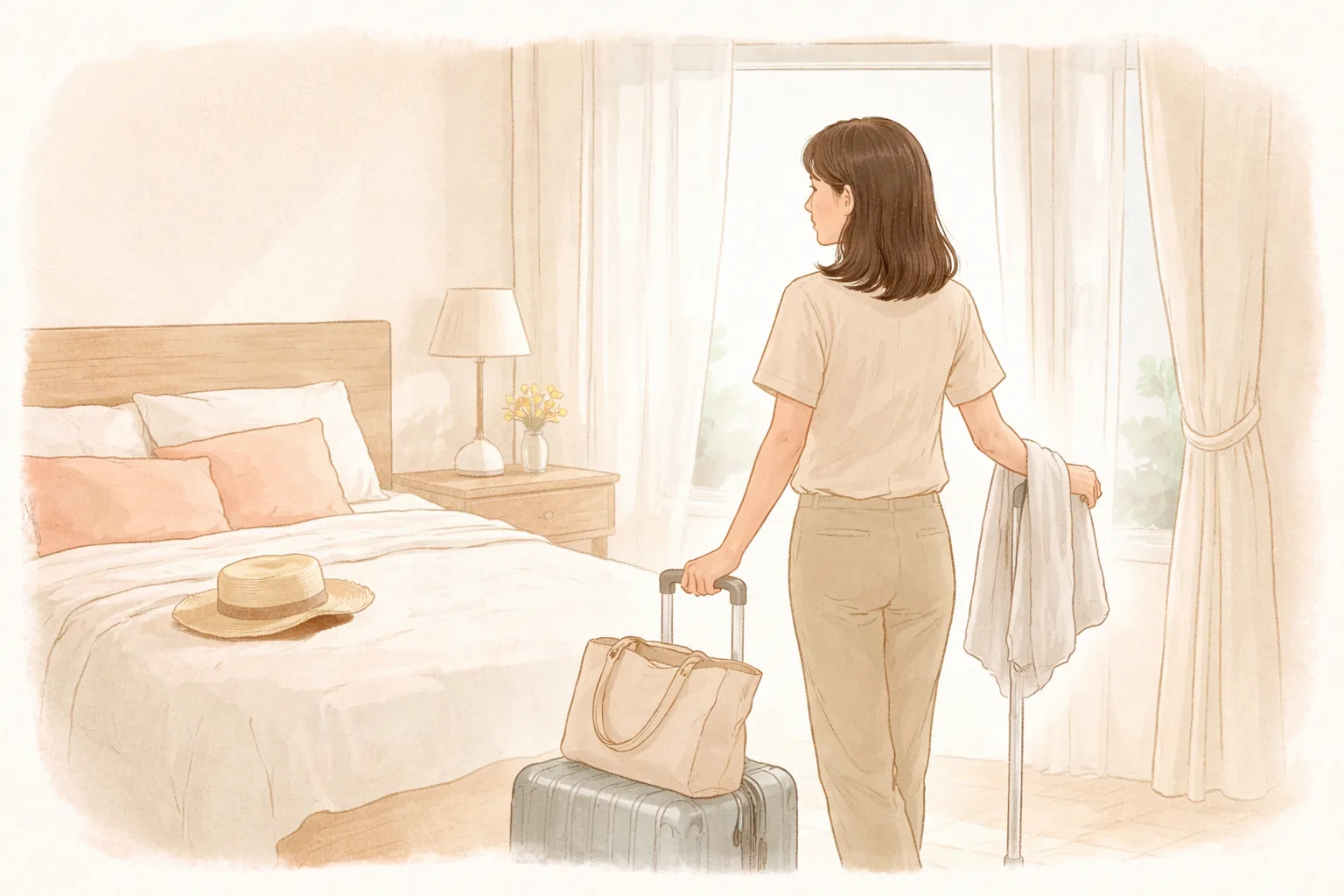 Woman standing in a hotel room holding a suitcase and a clothes hanger