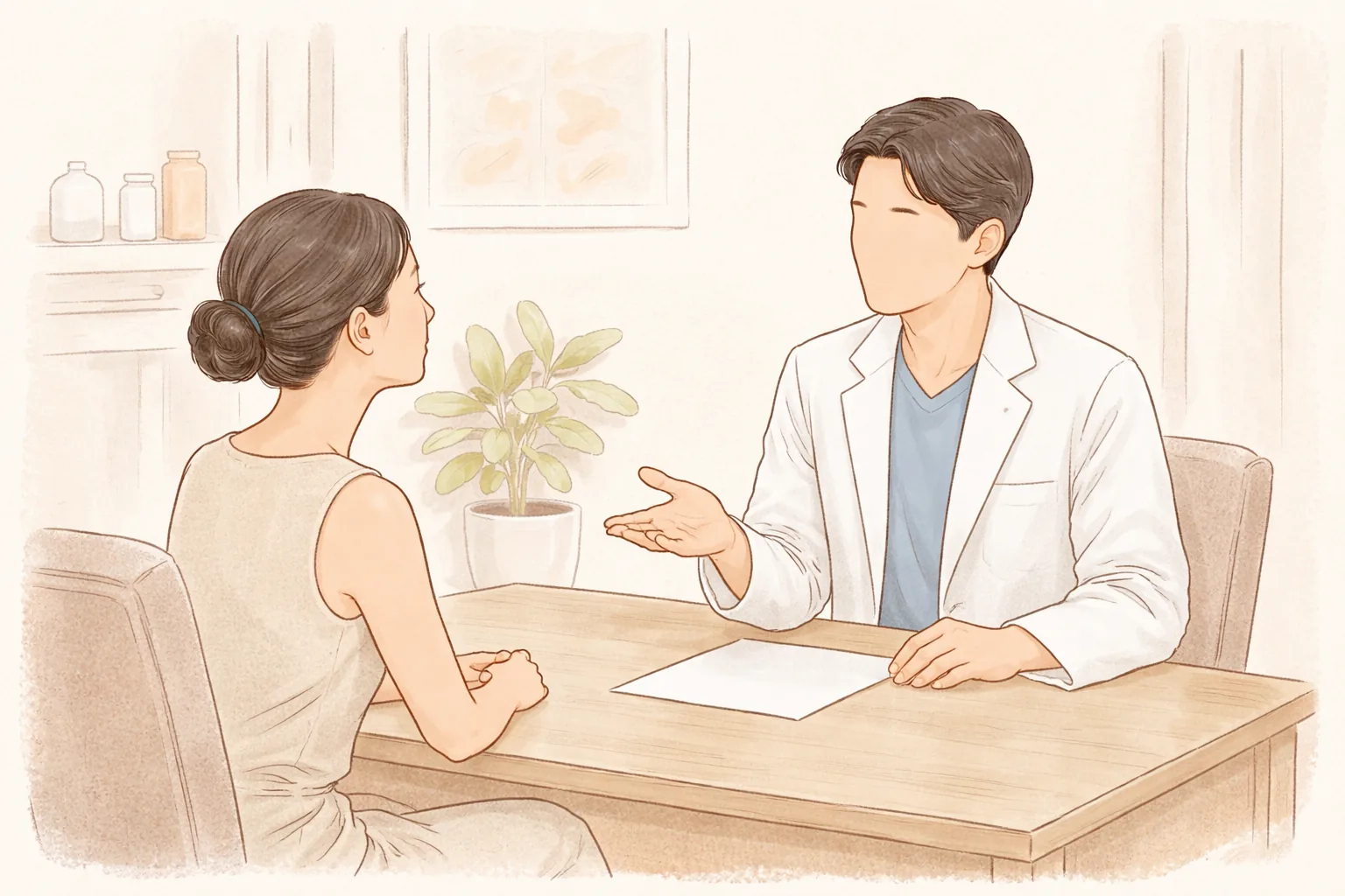 在矮桌旁諮詢的男性院長與女性患者