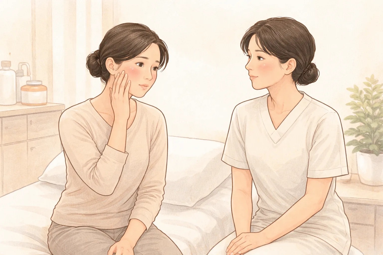 한 여성과 의료진이 방 안에서 대화하며 여성은 볼을 손으로 만지고 있다