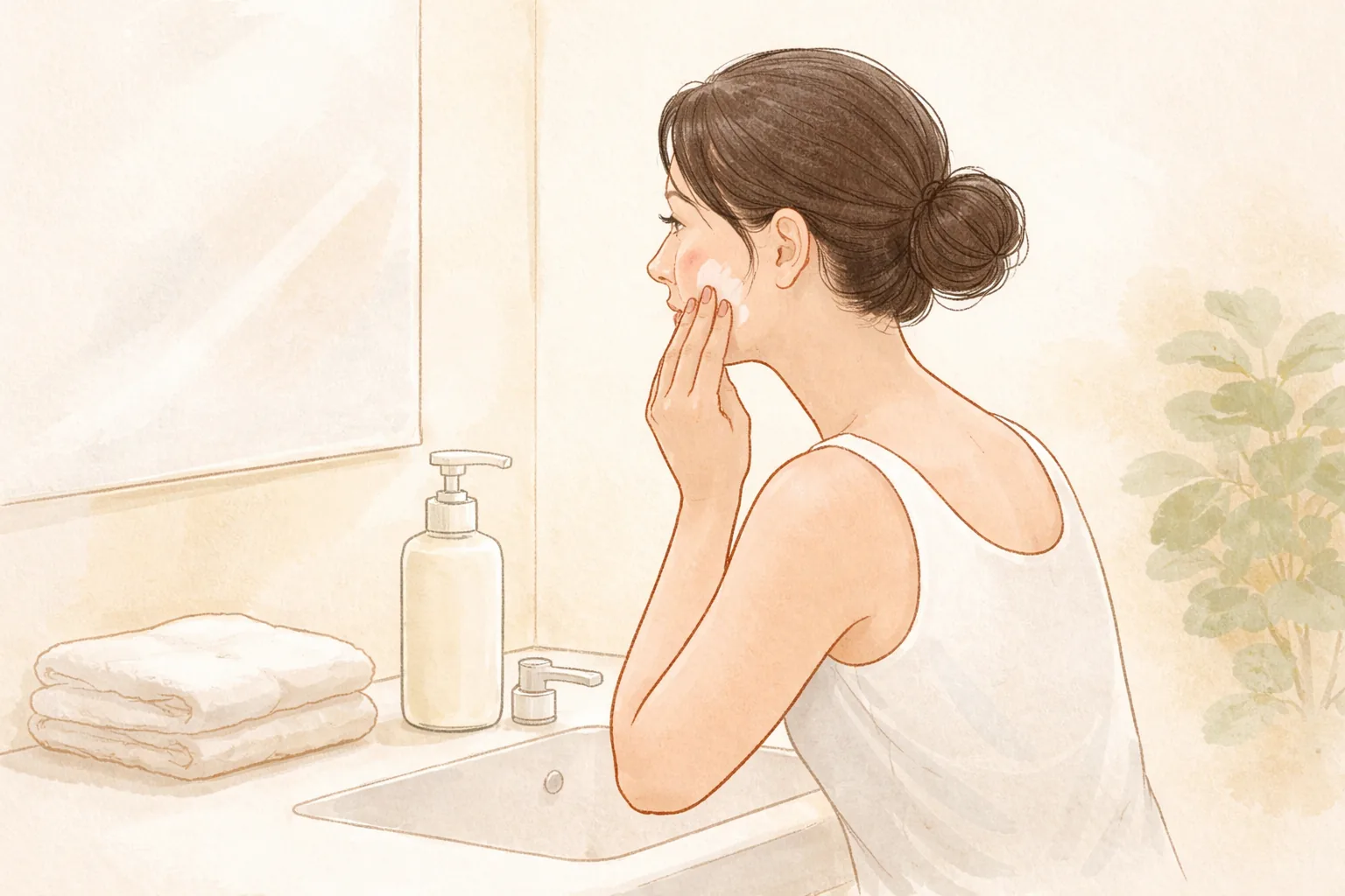 Manos y torso de una mujer aplicándose crema hidratante en la mejilla frente al lavabo