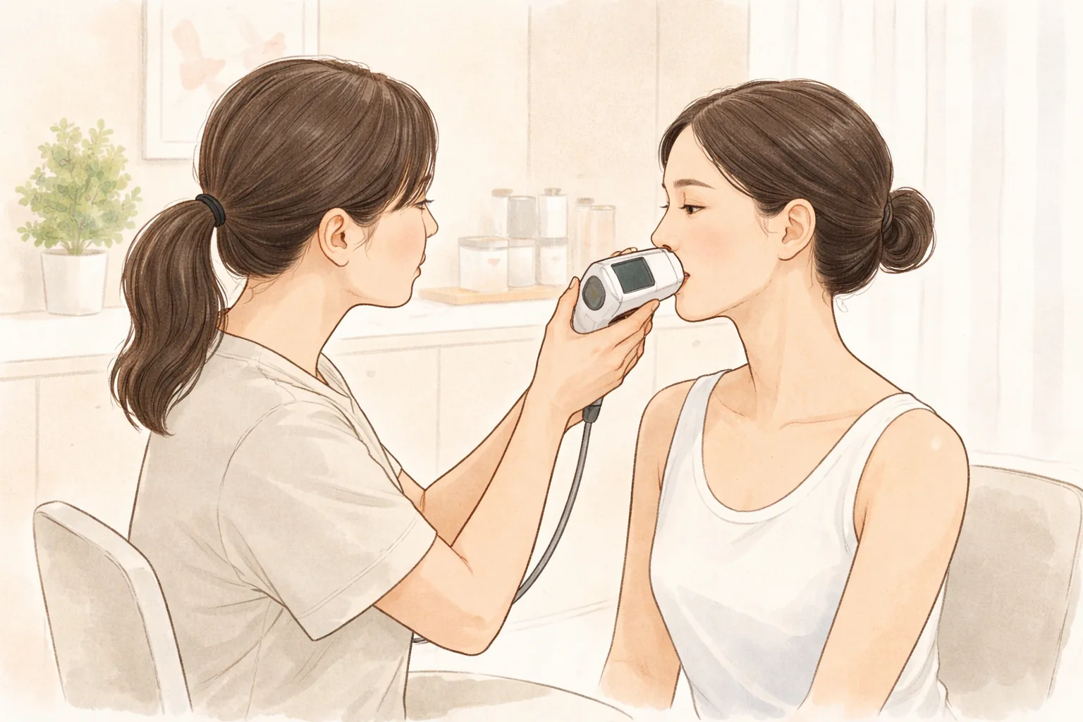 Personal médico fotografiando la mejilla de una paciente con una cámara portátil de análisis de piel