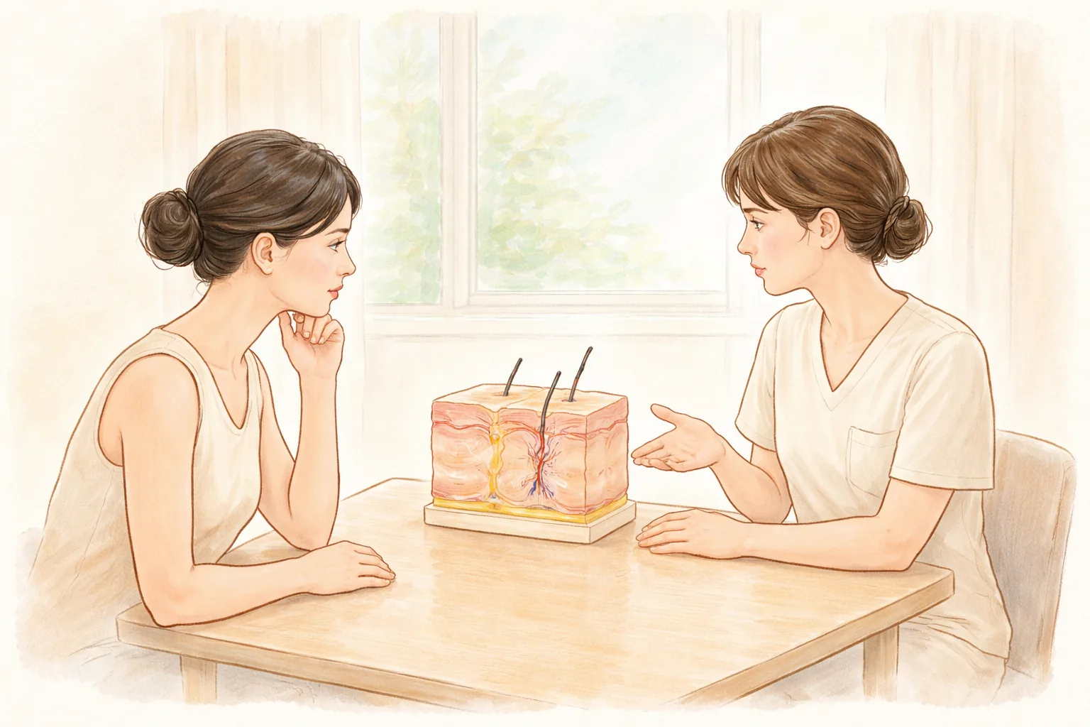 Dos mujeres conversando en una consulta luminosa junto a un modelo de piel sobre la mesa