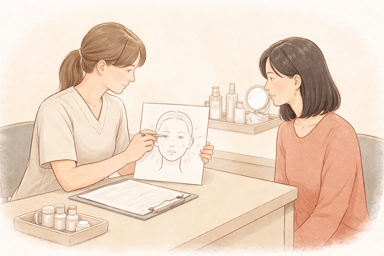 顔の輪郭図に表示された点を指す医療スタッフとその説明を聞く女性