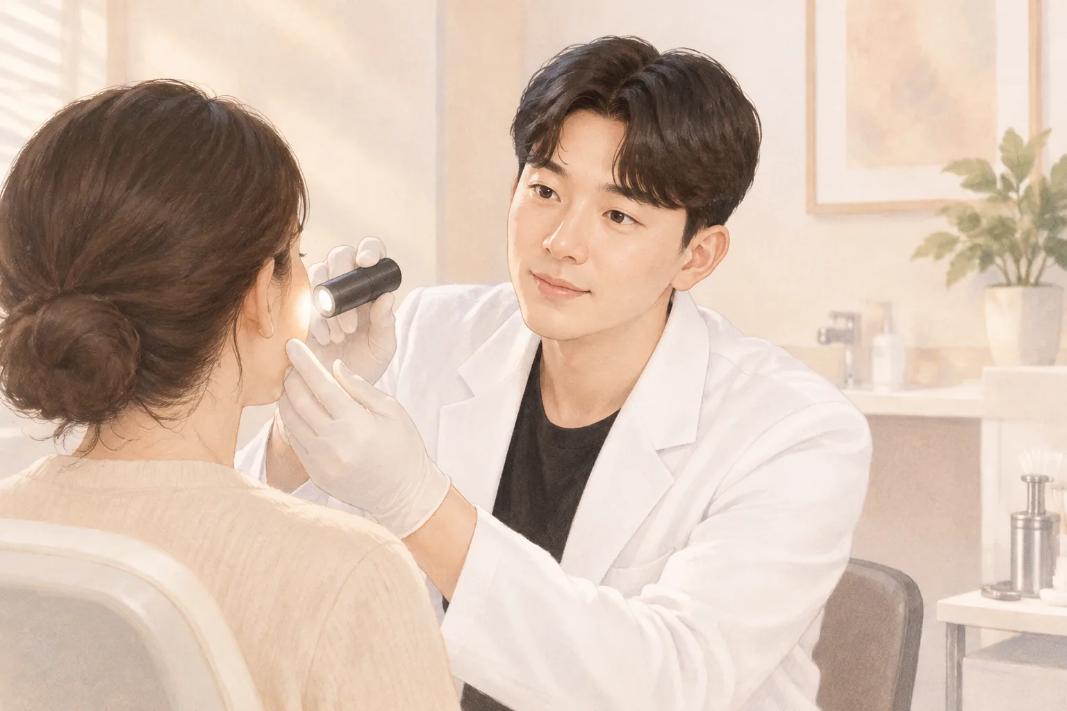 진료복을 입은 남성이 작은 조명을 들고 여성 환자의 얼굴을 살펴봄