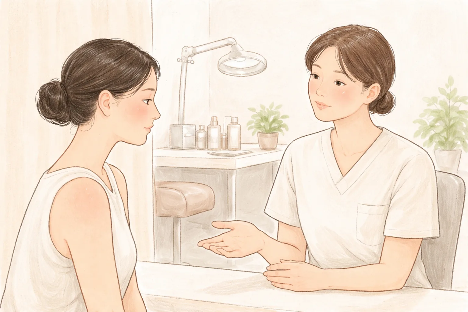 볼이 붉어진 여성이 의료진과 상담실에서 대화하는 모습