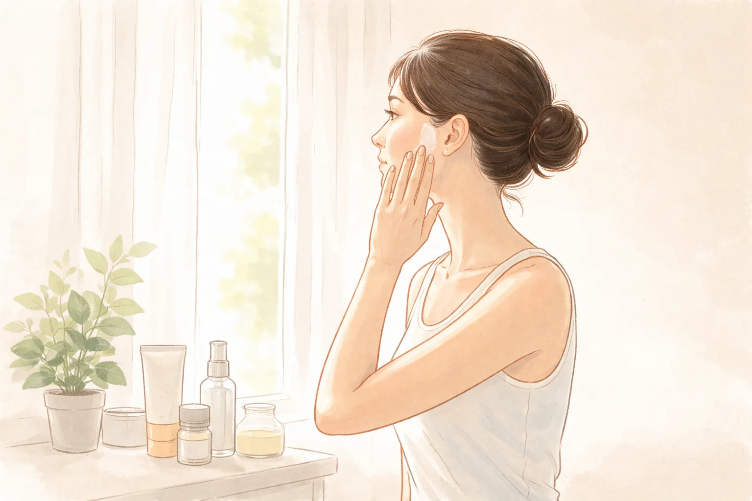 밝은 창가에서 볼에 스킨케어 제품을 바르는 여성