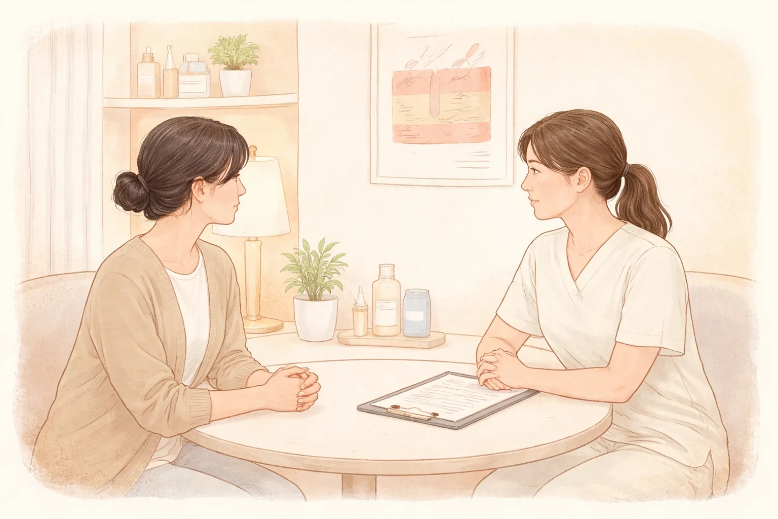 Dos mujeres sentadas frente al personal médico en una consulta